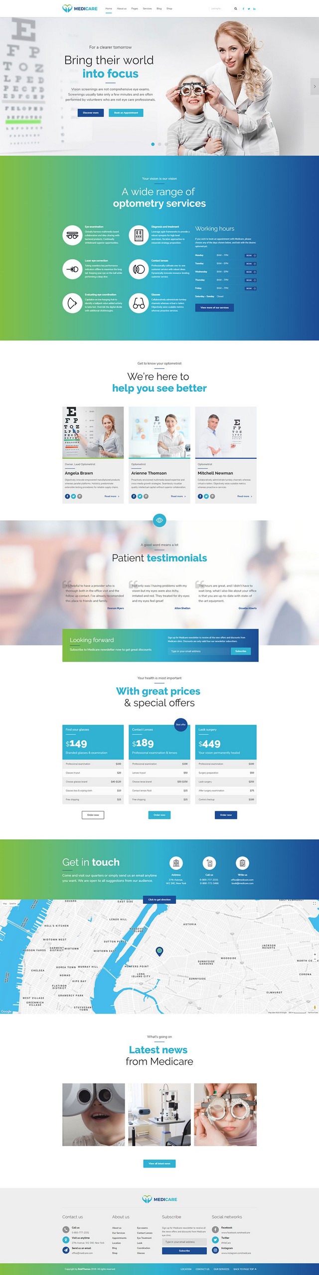 health and medical wordpress theme Medicare homepage layout for eye clinic
