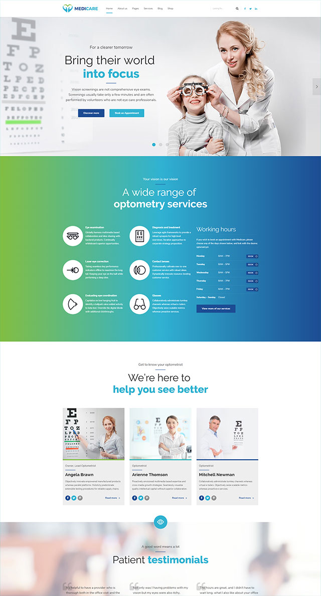 health and medical wordpress theme Medicare homepage layout for eye clinic