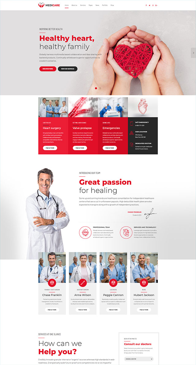 health and medical wordpress theme Medicare homepage layout for cardiology